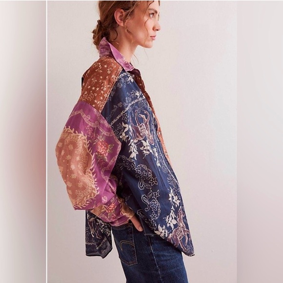 Sale!▪️NWT Free People Flower Patch Long Sleeve Top in Saddle Combo - Picture 1 of 6